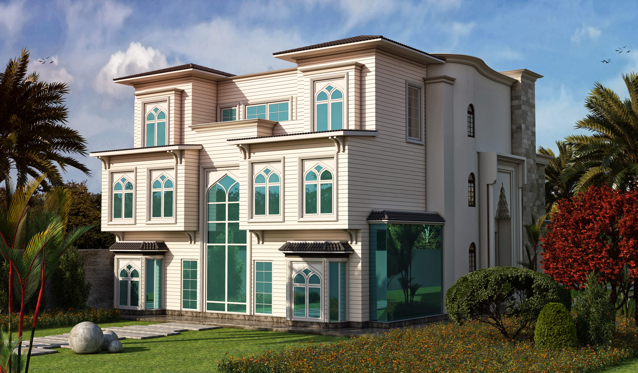 the  villa overlooks dramatic mountainous scenery